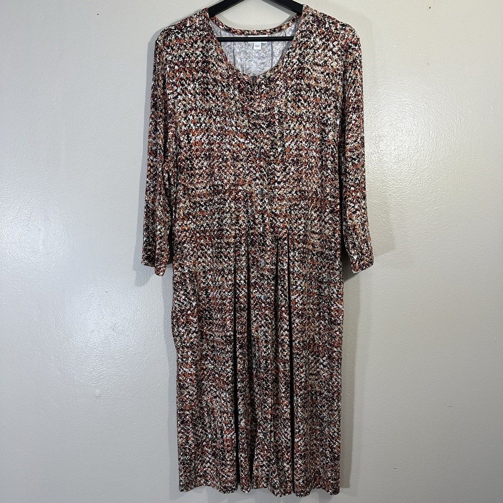 J. Jill Women's L Shirt Dress Knit Orange Black 3/4 Sleeve Button‎ Up Pockets
